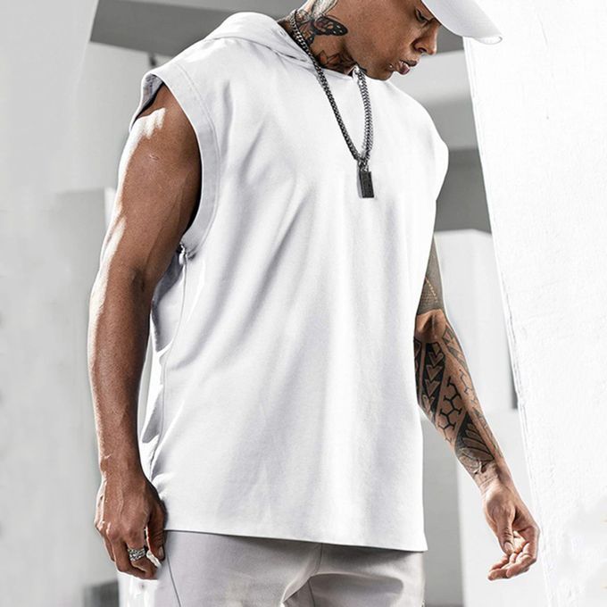 Men T-shirt Hooded Solid Color Summer Loose Sleeveless-White