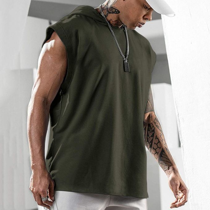 Men T-shirt Hooded Solid Color Summer Loose Sleeveless-White
