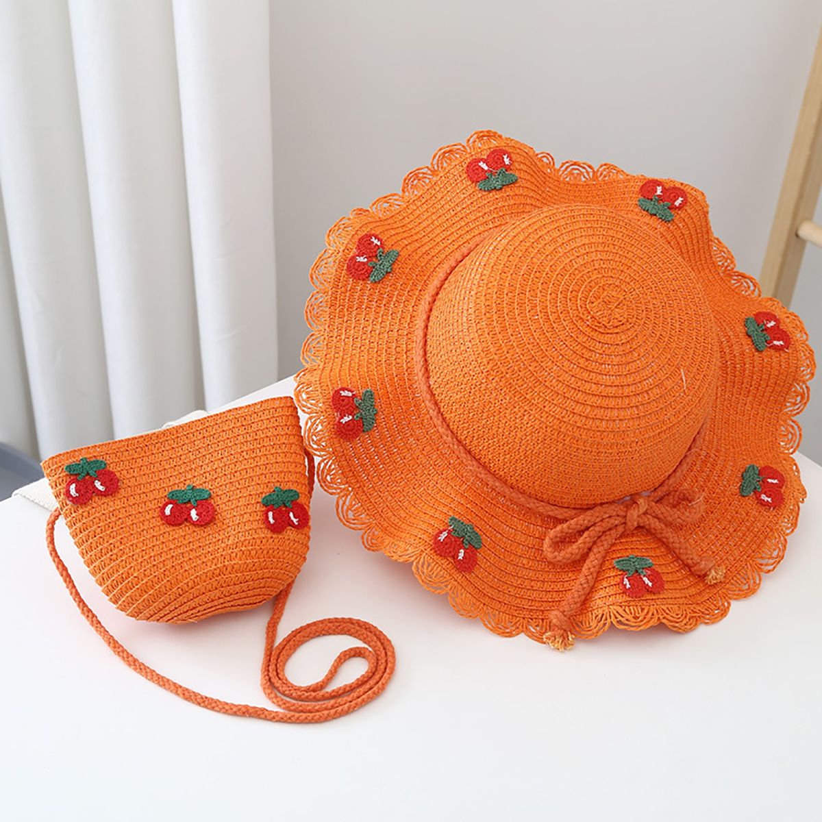 Hat Bag Set Baby Girls Breathable Straw Hat Handbag Dark Orange