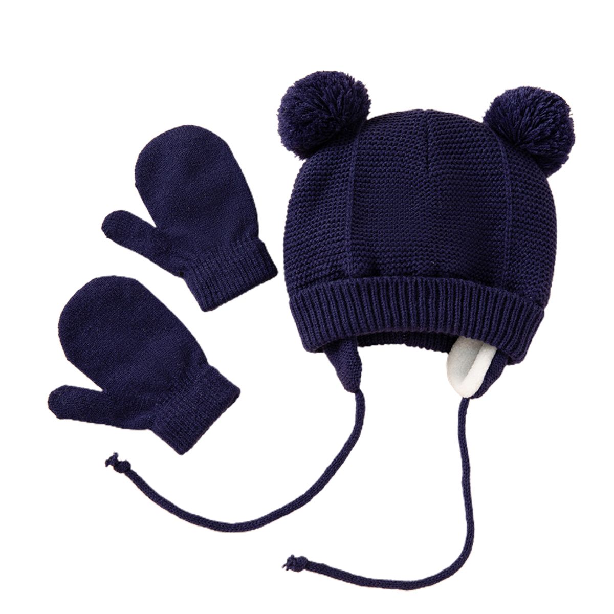 LAOdou 1 Set 1-4 Years Hat Gloves Two Plush Balls Ropes-Navy Blue