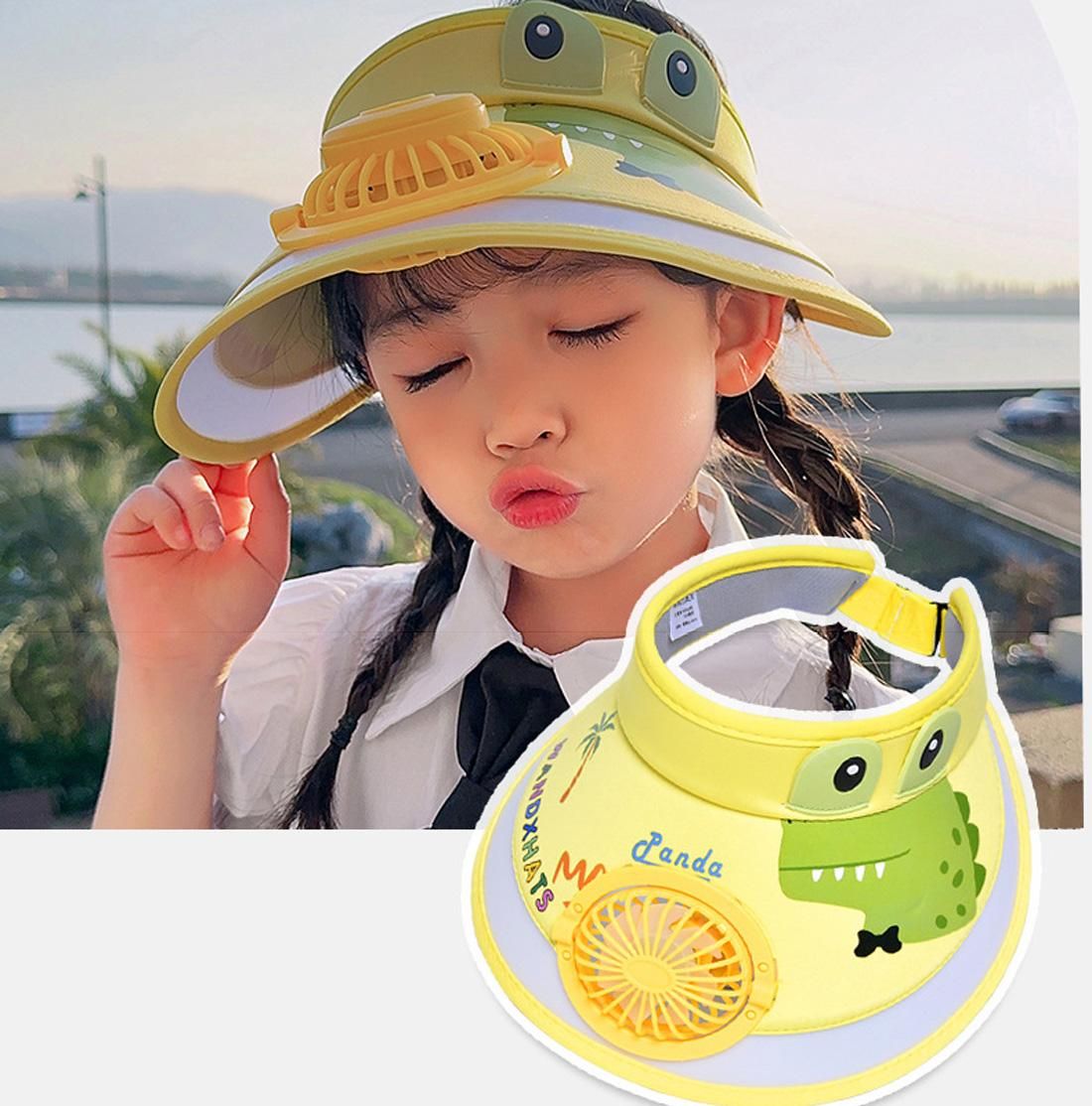 Built-in Mini Fan Cartoon Adjustable Visor Cap for Kids 3-10 Years