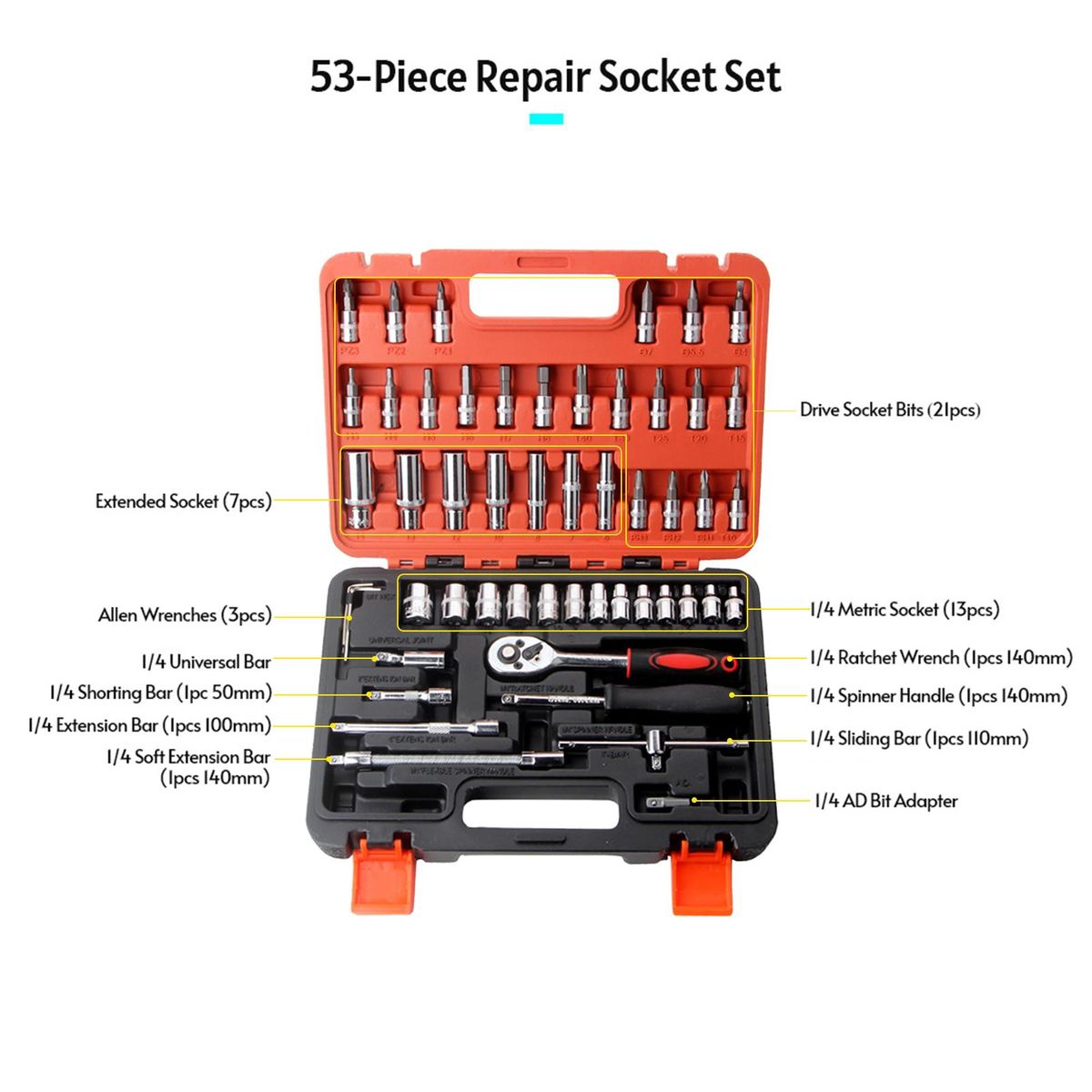 53pcs Ratchet Wrench & Socket Tools Set 1/4-inch Drive Screwdriver Repairing Kit Combination Socket Wrench Drive Socket Set with Storage Case for Home Car Automobile Bike Mechanic Projects Repair Household Garage Trunk
