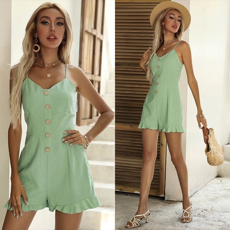Solid Color Sling Ruffled Wide-leg Jumpsuit