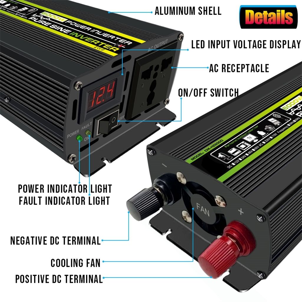 6000W Pure Sine Wave Power Inverter Car Inverter Universal Socket 12V To 220V Power Converter For Car Home Outdoor-24v To 220v 50hz