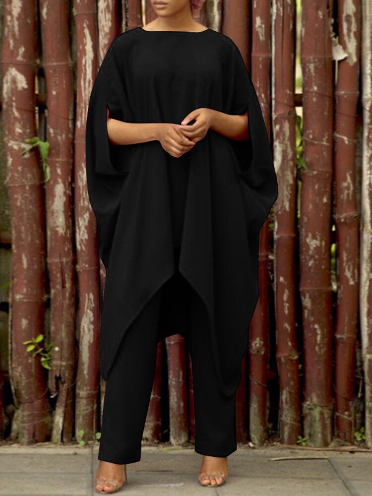 Solid Loose Irregular Elastic Waist Batting Sleeve Two Pieces Set-Black