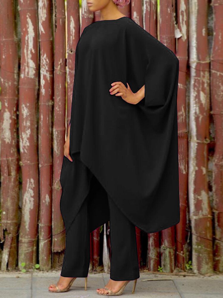 Solid Loose Irregular Elastic Waist Batting Sleeve Two Pieces Set-Black