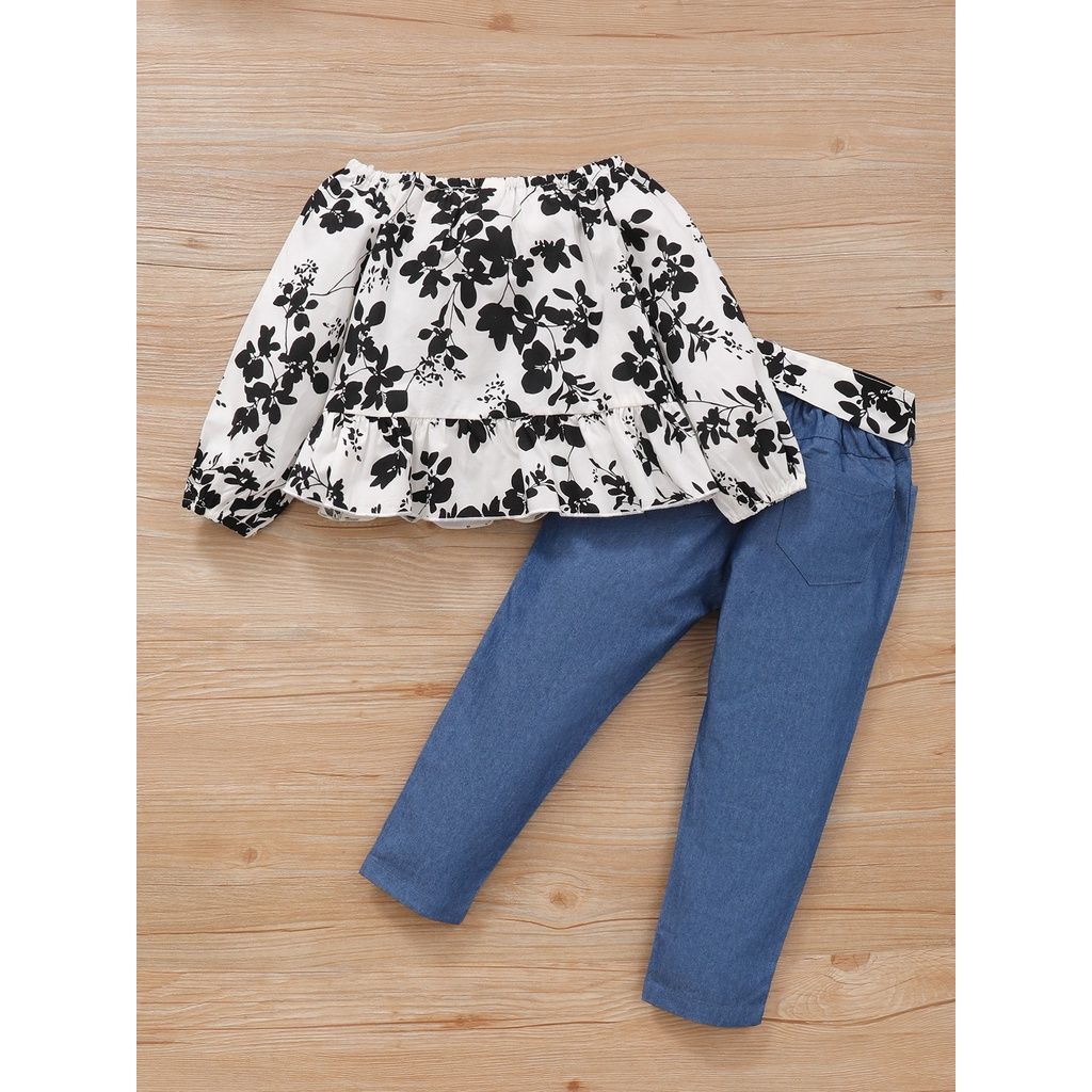 1-6Years Kids Girl Boat Neck Long Sleeves Blouse+Trousers
