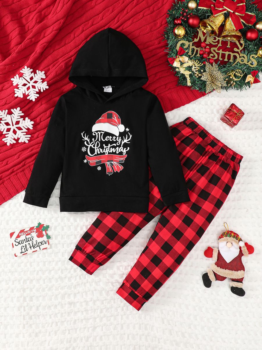 Baby Girl Christmas Printed Hooded Sweatshirt Plaid Pants
