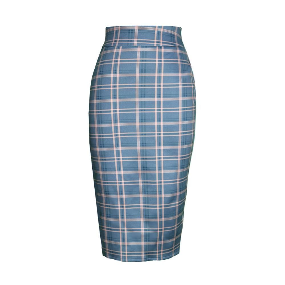 High waisted and buttocks covered plaid, elegant and elastic, versatile pencil skirt, women's half