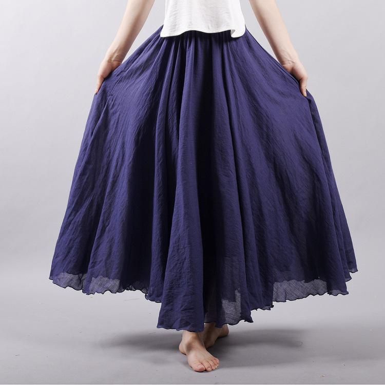 Sen Women's Literature and Art Large Cotton and Linen Half Skirt Elastic Waist Linen A-line Skirt