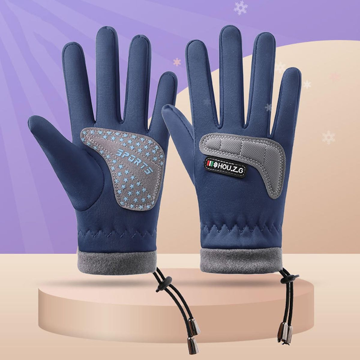Children Warm Gloves Snowproof Kids 5-finger Gloves with for Skiing Blue