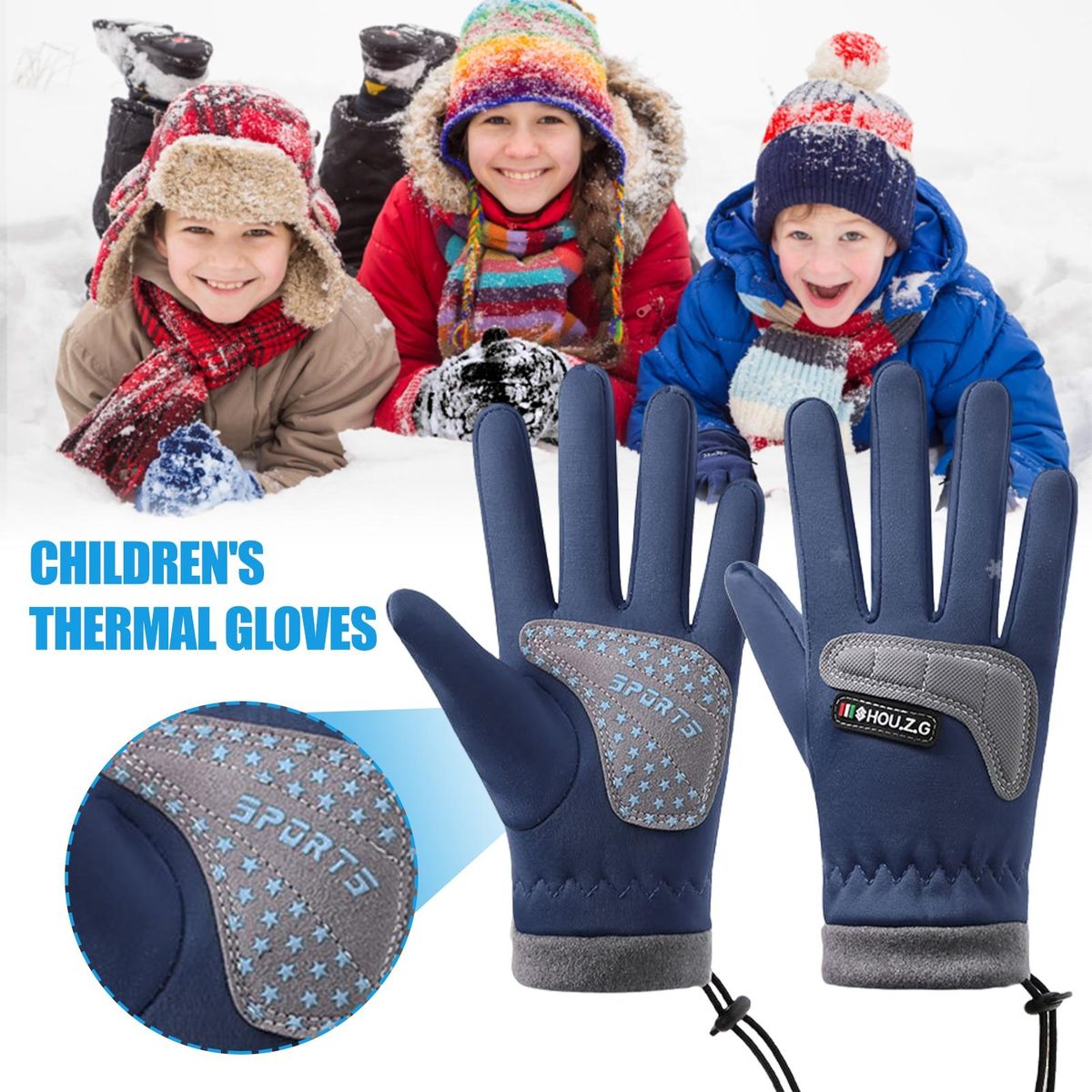 Children Warm Gloves Snowproof Kids 5-finger Gloves with for Skiing Blue