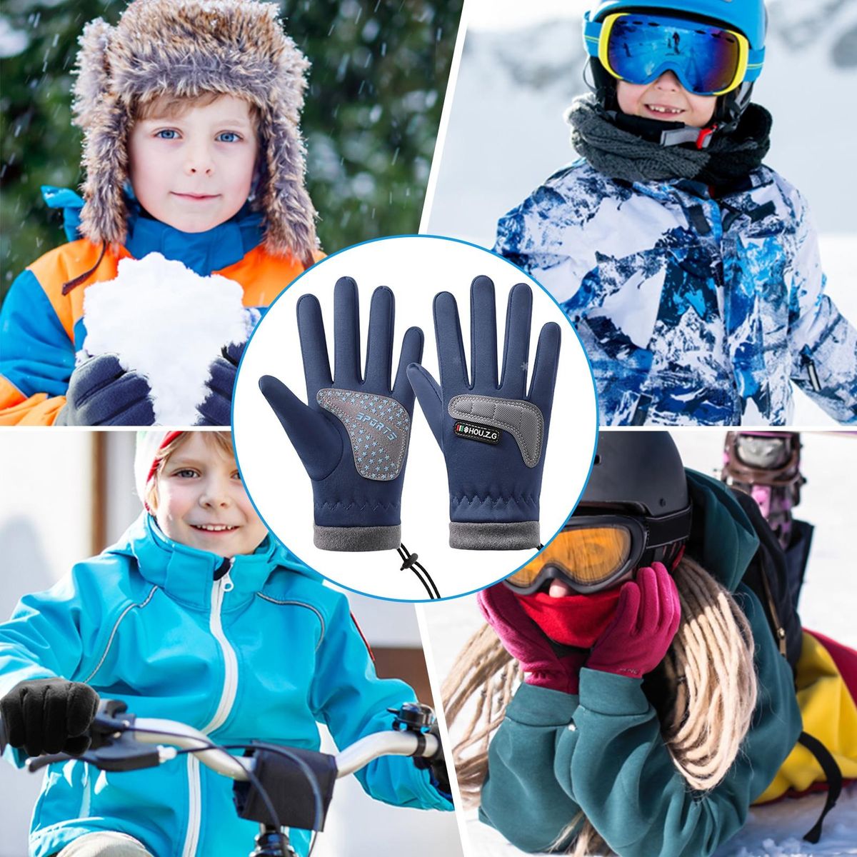Children Warm Gloves Snowproof Kids 5-finger Gloves with for Skiing Blue
