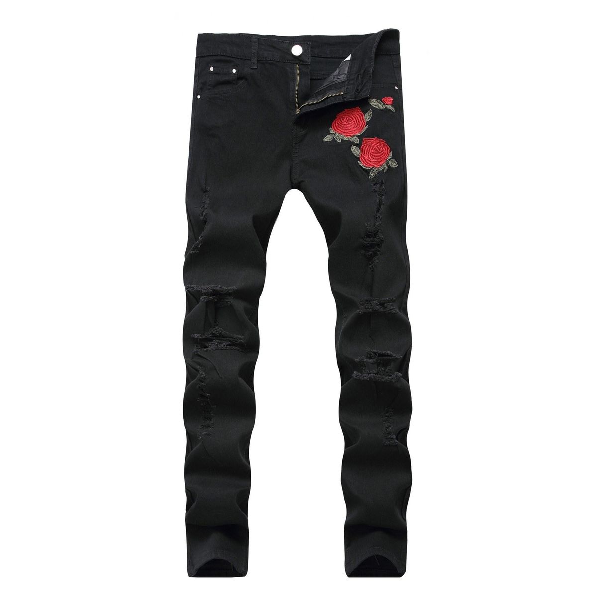 Cross-border source of foreign trade new men's embroidered rose denim hole light blue pants slim size stretch trousers 1823lightblue 36