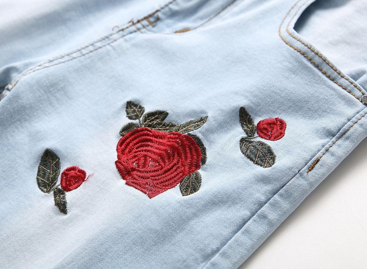 Cross-border source of foreign trade new men's embroidered rose denim hole light blue pants slim size stretch trousers 1823lightblue 36