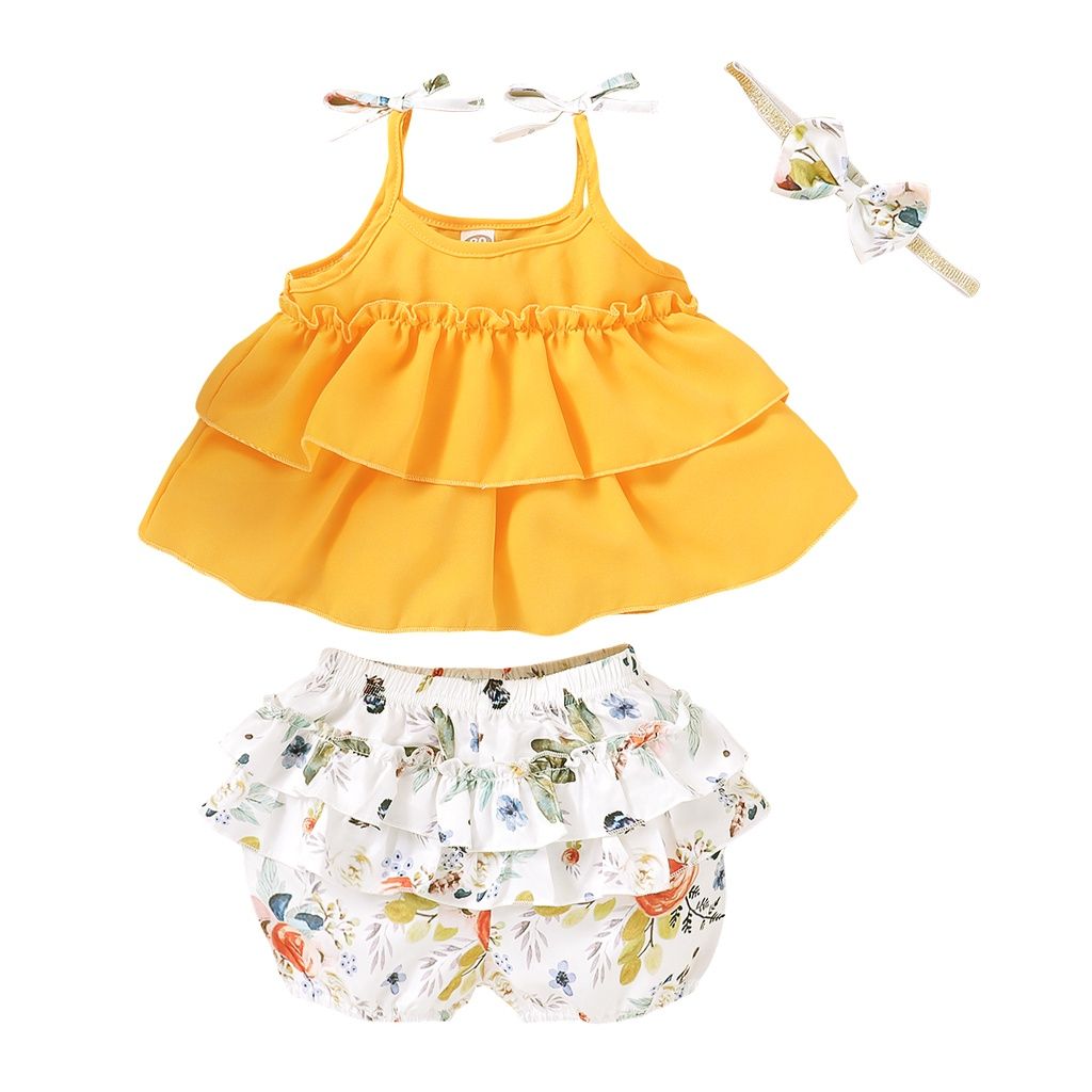 1-5Years Kid Girl Rufflr Sleeveless Top+Shorts+Headwear
