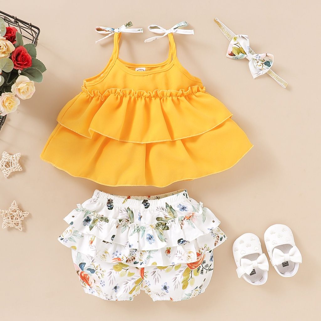 1-5Years Kid Girl Rufflr Sleeveless Top+Shorts+Headwear