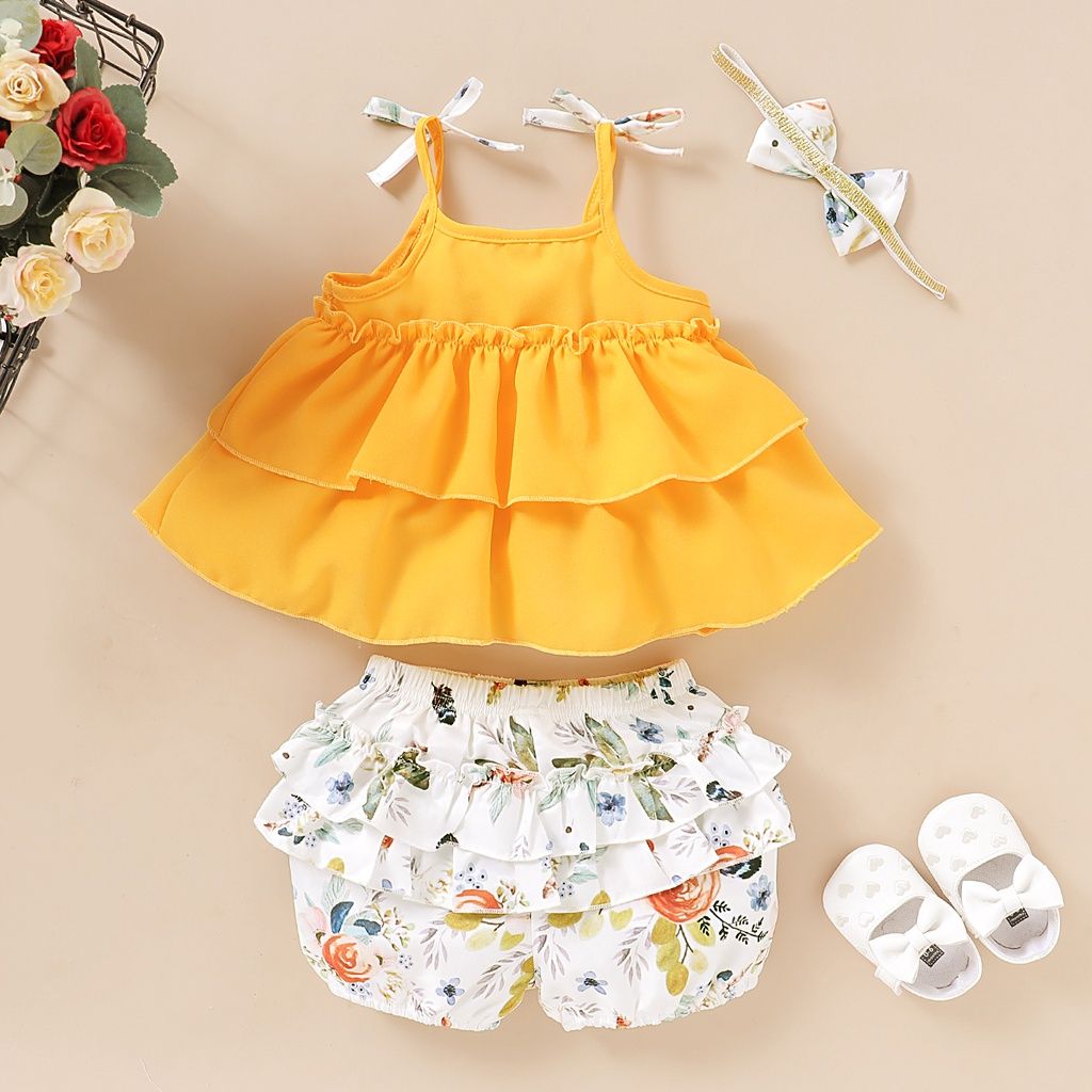 1-5Years Kid Girl Rufflr Sleeveless Top+Shorts+Headwear