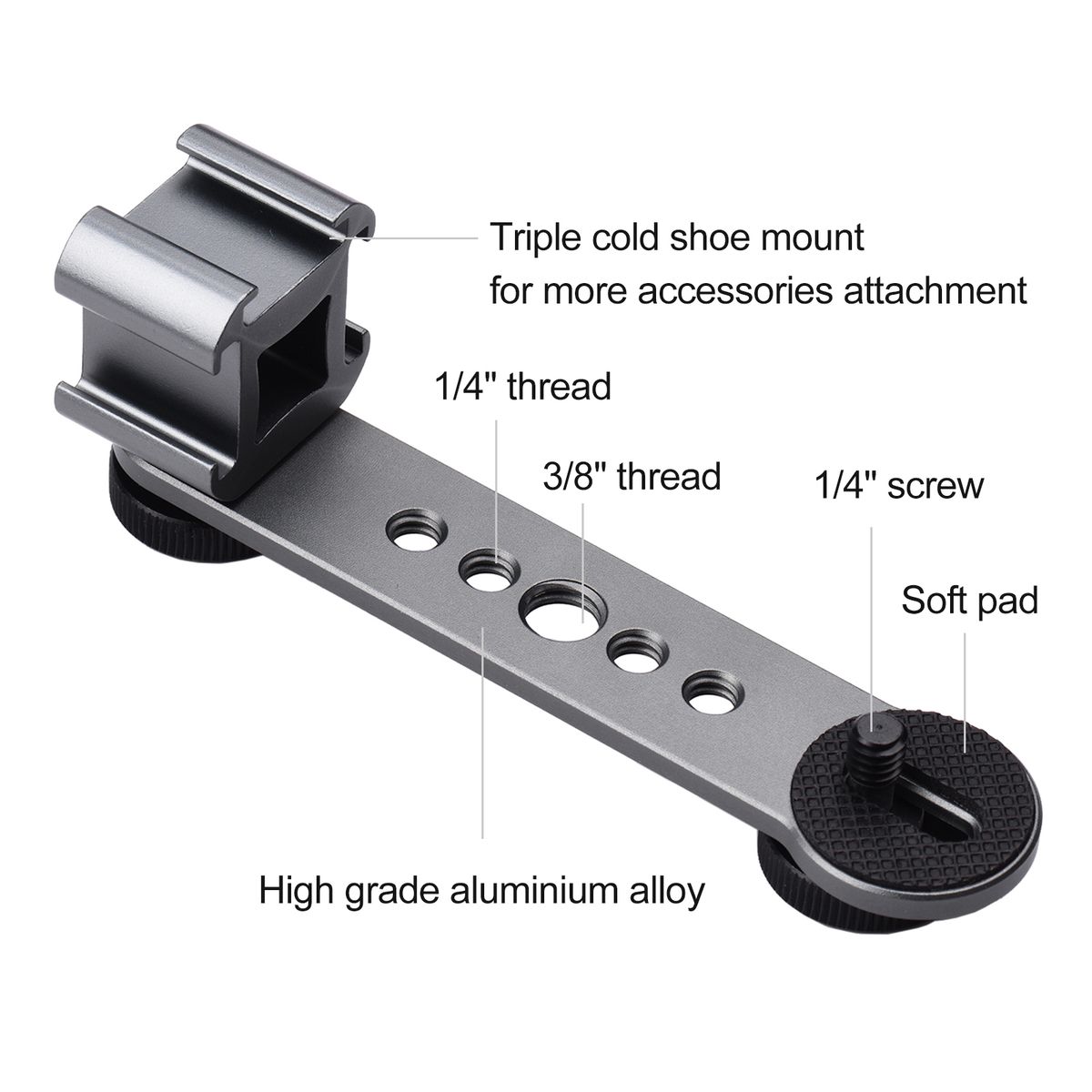 Triple Cold Shoe Mount Bracket Extension Bar With 1/4 Inch