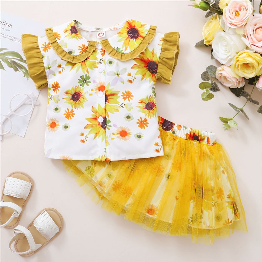 2-6 Years Kid Girl 2PCS Suit Set/Floral Sleeveless Blouse+Tulle Skirt