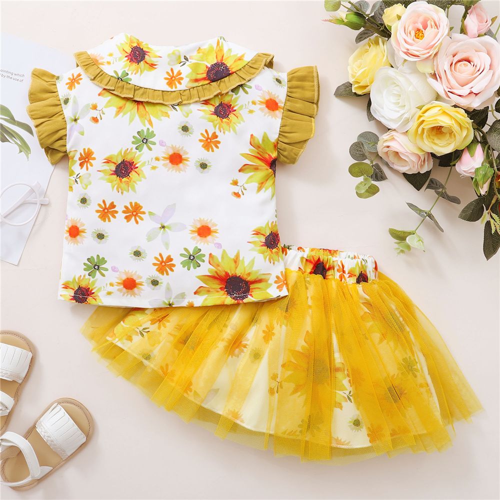2-6 Years Kid Girl 2PCS Suit Set/Floral Sleeveless Blouse+Tulle Skirt