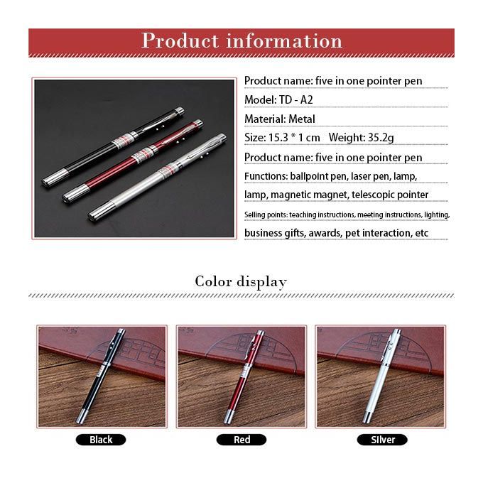 5in1 Retractable Red Laser Pointer Teaching Tool LED Lighting Metal Pen Interactive Cat Stick Toy