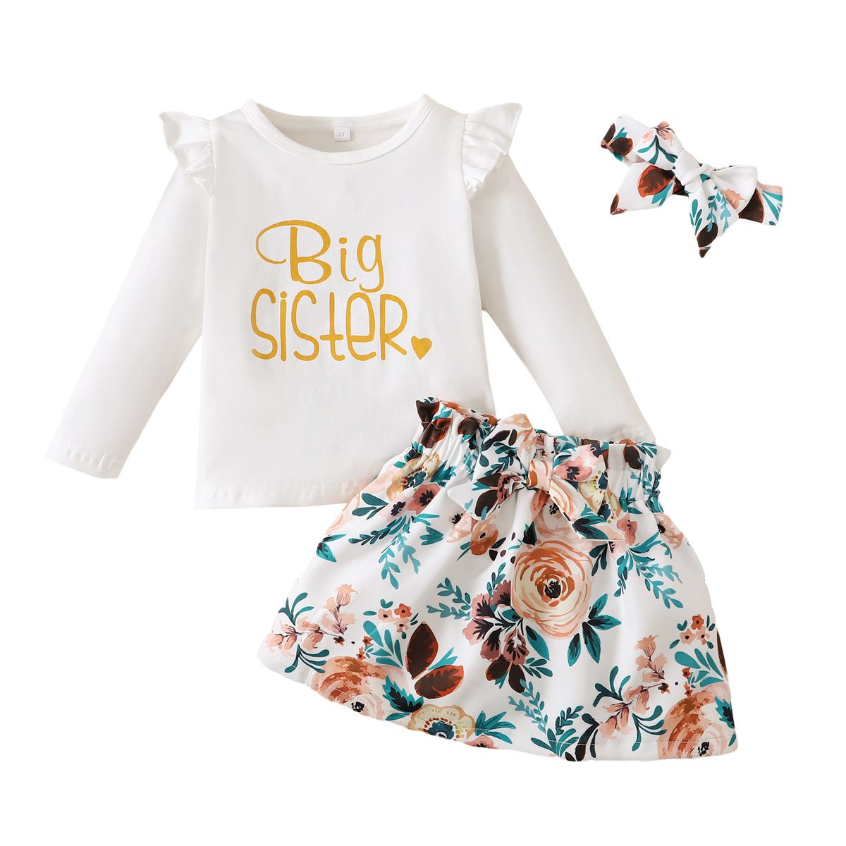2-7 Years Kid Girl 2PCS Set/Letter Print Solid Color Tops+Floral Skirt+Headwear