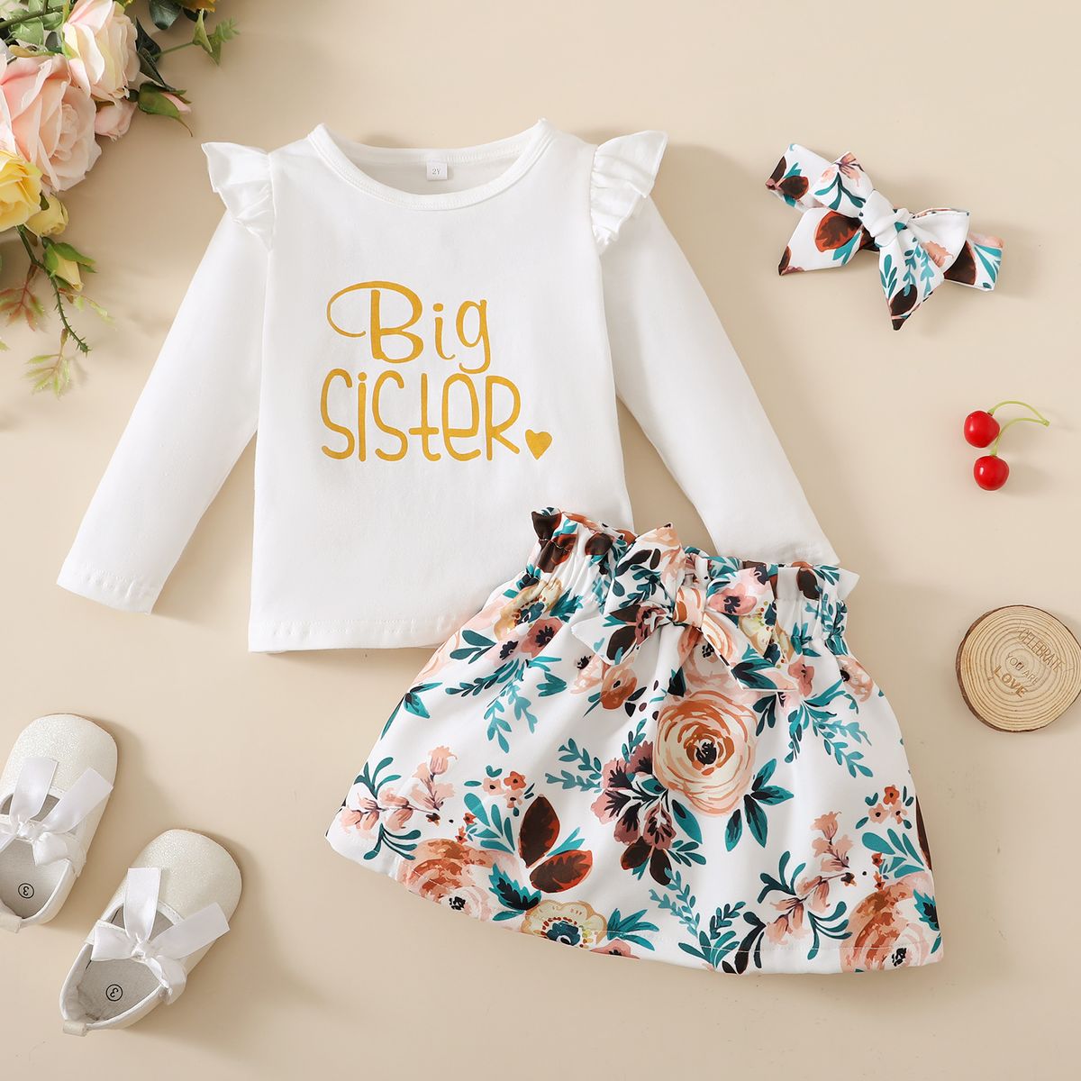 2-7 Years Kid Girl 2PCS Set/Letter Print Solid Color Tops+Floral Skirt+Headwear