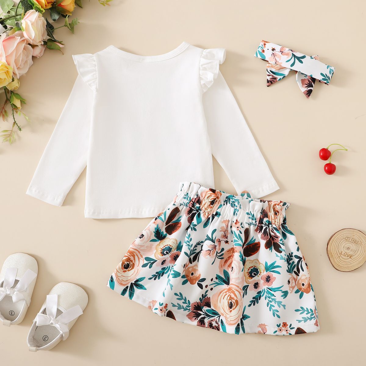 2-7 Years Kid Girl 2PCS Set/Letter Print Solid Color Tops+Floral Skirt+Headwear