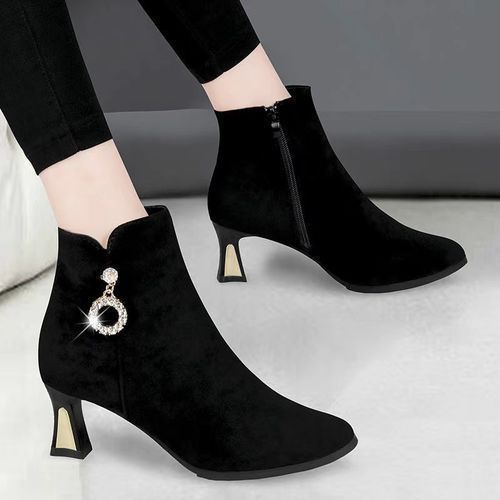 Women's Classic Black Suede Bootie Ankle Boots Mid Heel Zipper Boots - Black