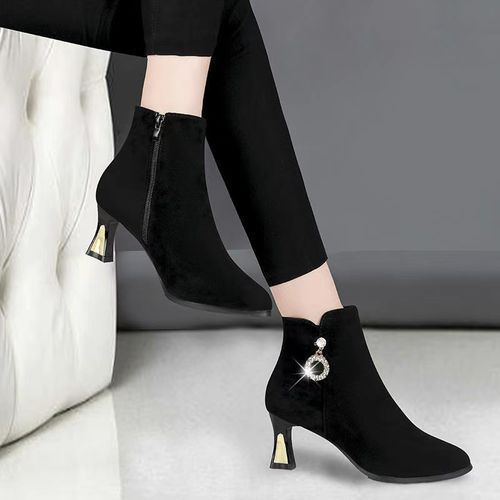 Women's Classic Black Suede Bootie Ankle Boots Mid Heel Zipper Boots - Black