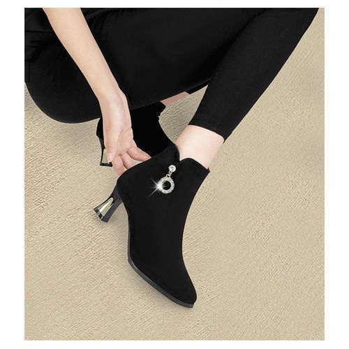 Women's Classic Black Suede Bootie Ankle Boots Mid Heel Zipper Boots - Black