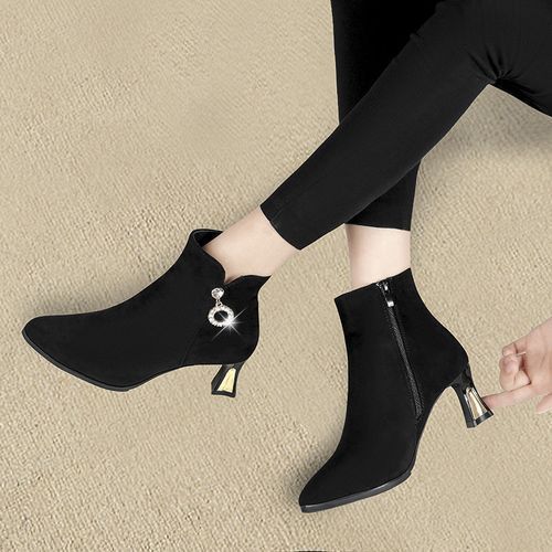 Women's Classic Black Suede Bootie Ankle Boots Mid Heel Zipper Boots - Black