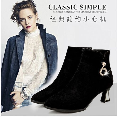 Women's Classic Black Suede Bootie Ankle Boots Mid Heel Zipper Boots - Black