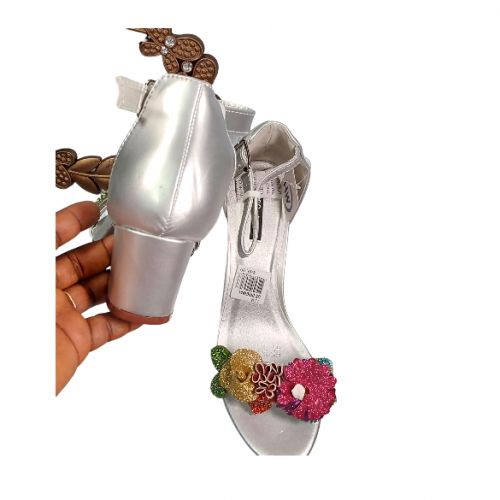 Ladies Floral Mid Heels Sandals Ankle Trap Open Toe Shoes- Silver