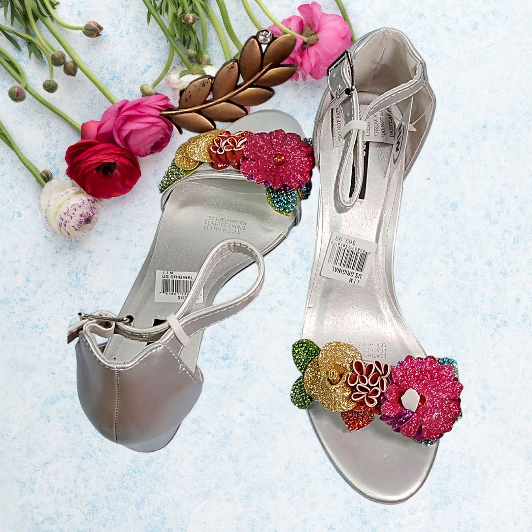Ladies Floral Mid Heels Sandals Ankle Trap Open Toe Shoes- Silver