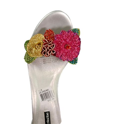Ladies Floral Mid Heels Sandals Ankle Trap Open Toe Shoes- Silver