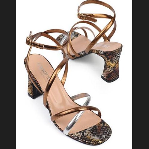 LadiesAnkle Strap Heeled Sandals-Gold
