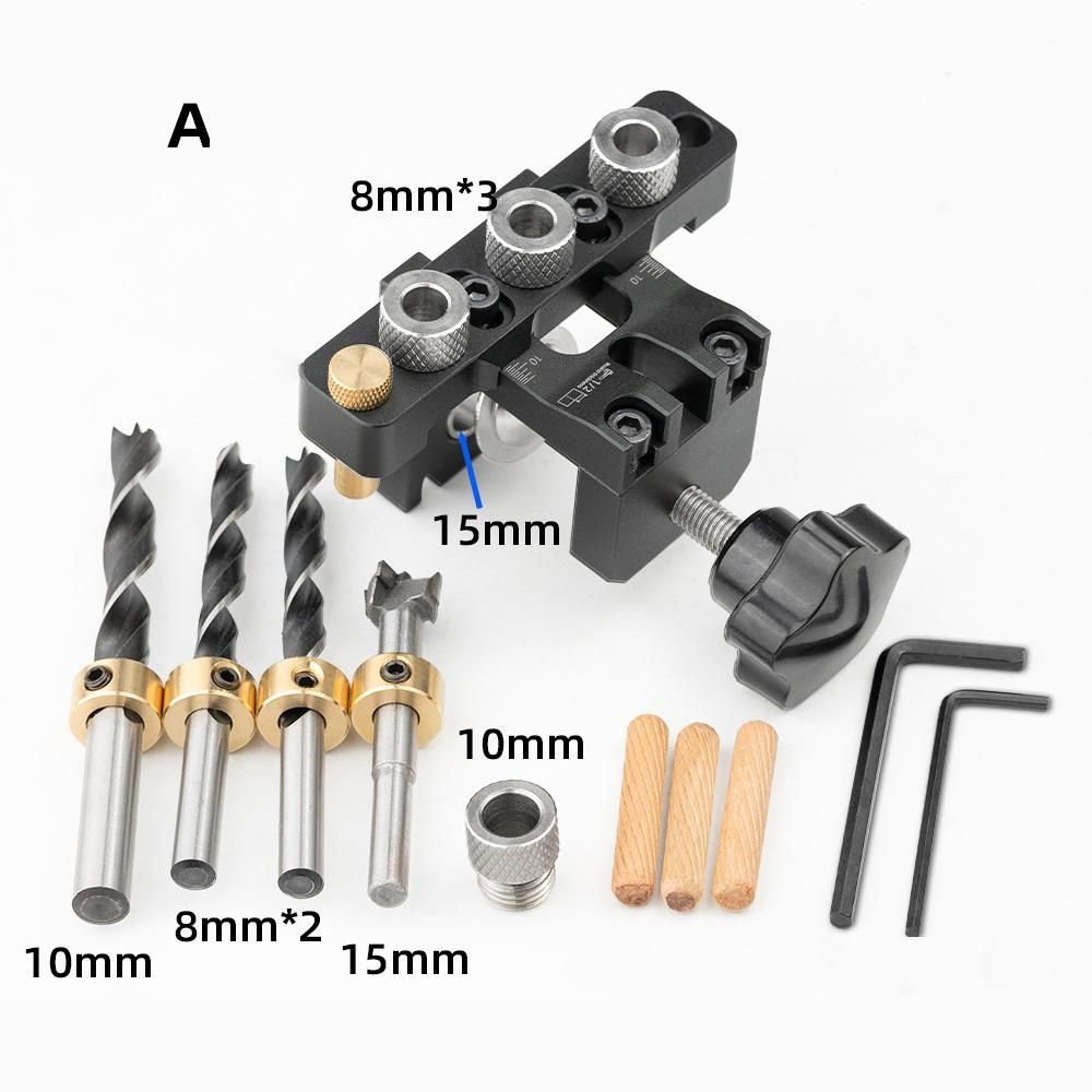 3in1 Woodworking Holes Drilling Locator Aluminum Alloy Punch Positioner Woodpiece Guide Jig with 8-15mm Drill Bits Deformable Carpentry DIY Tool for Board Splicing