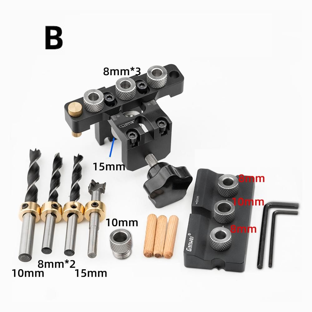3in1 Woodworking Holes Drilling Locator Aluminum Alloy Punch Positioner Woodpiece Guide Jig with 8-15mm Drill Bits Deformable Carpentry DIY Tool for Board Splicing