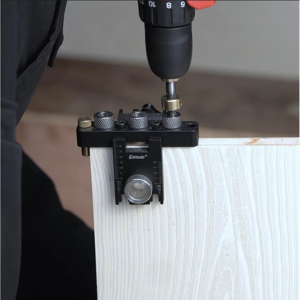 3in1 Woodworking Holes Drilling Locator Aluminum Alloy Punch Positioner Woodpiece Guide Jig with 8-15mm Drill Bits Deformable Carpentry DIY Tool for Board Splicing