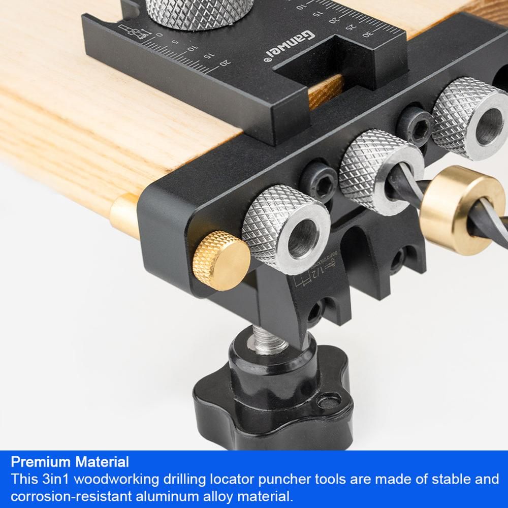 3in1 Woodworking Holes Drilling Locator Aluminum Alloy Punch Positioner Woodpiece Guide Jig with 8-15mm Drill Bits Deformable Carpentry DIY Tool for Board Splicing