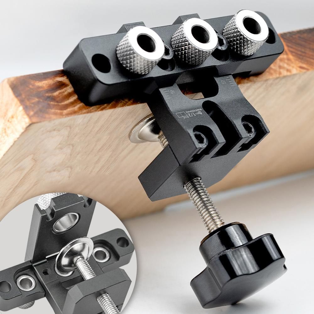 3in1 Woodworking Holes Drilling Locator Aluminum Alloy Punch Positioner Woodpiece Guide Jig with 8-15mm Drill Bits Deformable Carpentry DIY Tool for Board Splicing