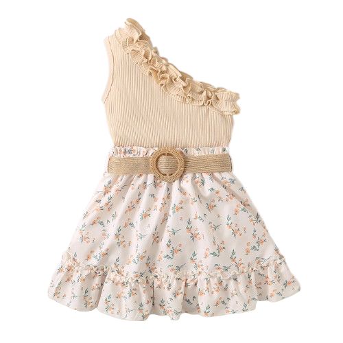 1-6Years Kid Girl Solid Ruffle Off Shoulder Top+Floral Skirt
