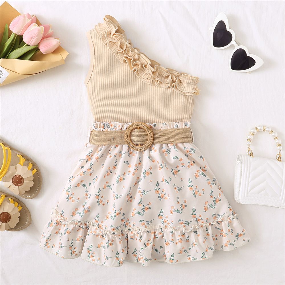 1-6Years Kid Girl Solid Ruffle Off Shoulder Top+Floral Skirt