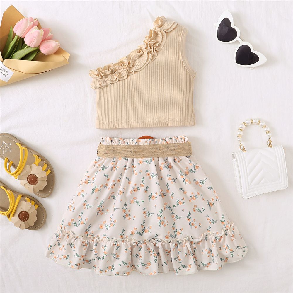 1-6Years Kid Girl Solid Ruffle Off Shoulder Top+Floral Skirt