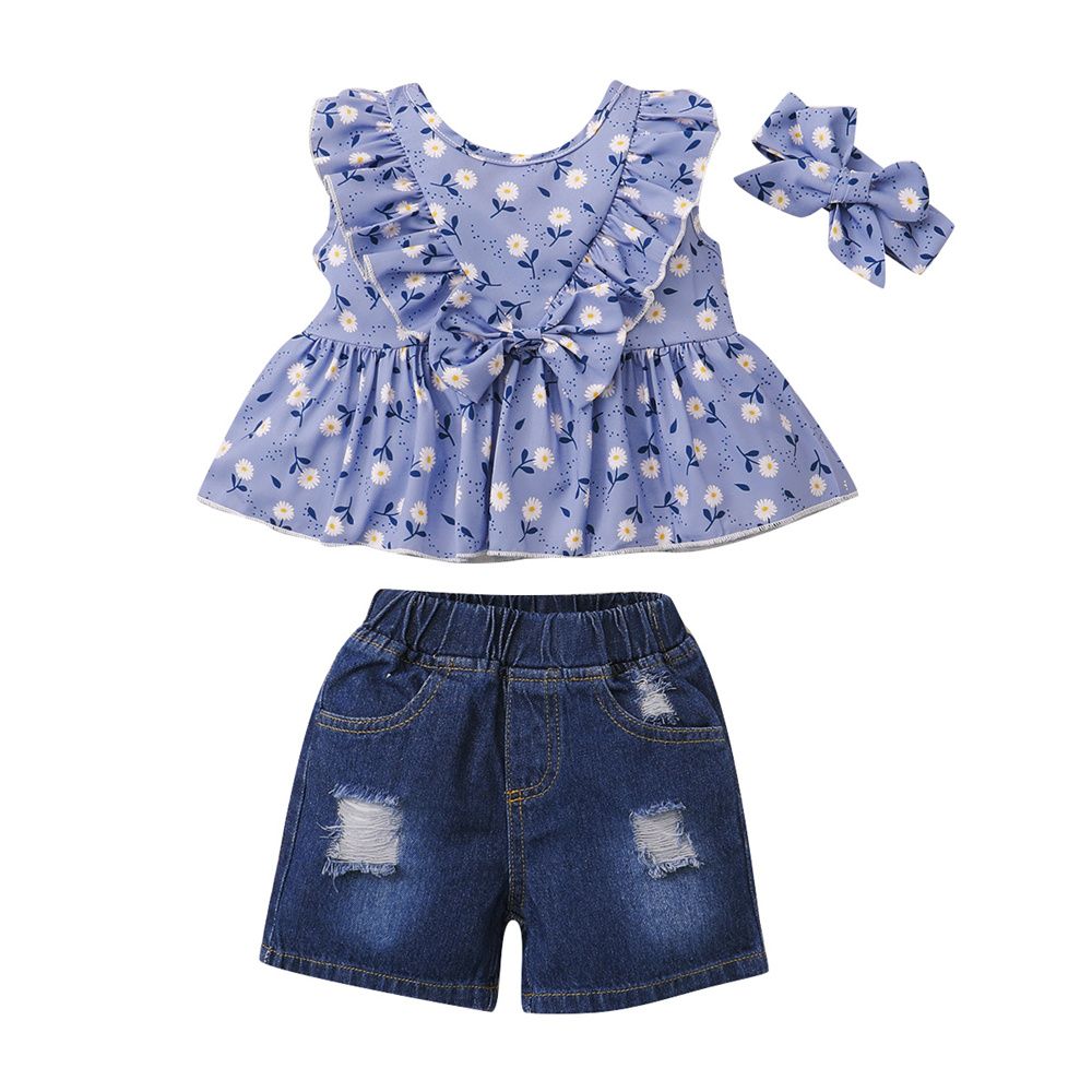 1-4 Years Child Girl 3PCS Set/Floral Shirt+Ripped Denim Shorts+Headwear