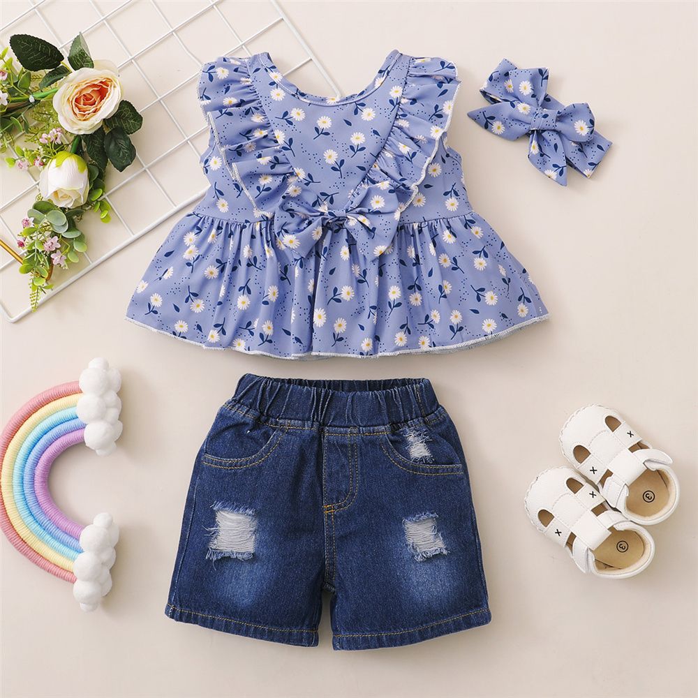 1-4 Years Child Girl 3PCS Set/Floral Shirt+Ripped Denim Shorts+Headwear