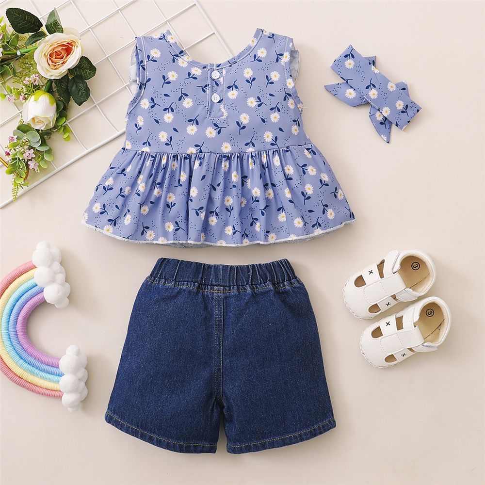 1-4 Years Child Girl 3PCS Set/Floral Shirt+Ripped Denim Shorts+Headwear