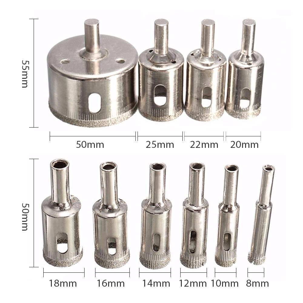 Diamond Drill Bit Set 10Pcs Hole Saw 8-25mm-50mm for Diamond Coating Carbon Steel Glass Ceramics Porcelain Tile Brick Marble